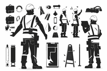 Construction engineer man in a helmet and signal vest. Worker in different poses and actions. Foreman with a tablet, at desktop, rear view vector icon, white background, black colour icon