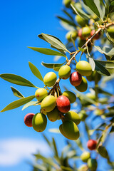 Green and dark olives on the branch of an olive tree