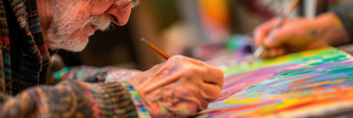 Fototapeta premium An older man carefully paints on a blank canvas, focusing on his artwork with precision and dedication