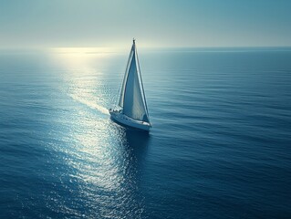 A sailboat is sailing in the ocean with the sun shining on the water. The scene is peaceful and serene, with the boat being the only object in the image
