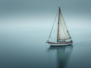 A sailboat is sailing on a calm body of water. The sky is overcast and the water is still