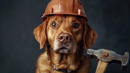 A close up studio shot showcases an adorable brown dog wearing a safety helmet and holding a hammer This image is a delightful representation of the concept of caring for pets Congratulatio