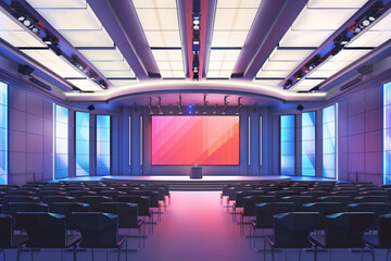 Conference hall interior. Empty room for a conference, presentation or forum. Backlit stage with large screens 3D avatars set vector icon, white background, black colour icon