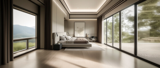 A large bedroom with a bed, a chair, and a nightstand. The room has a modern design and is filled with natural light