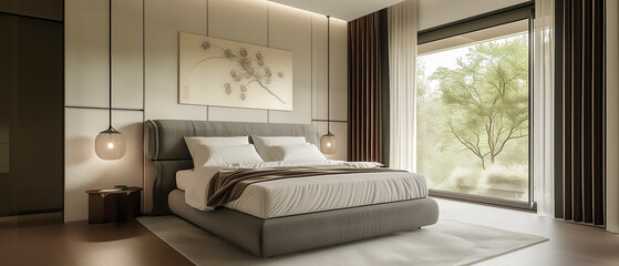 A bedroom with a white bed, a chair, and a lamp. The room has a modern and minimalist design