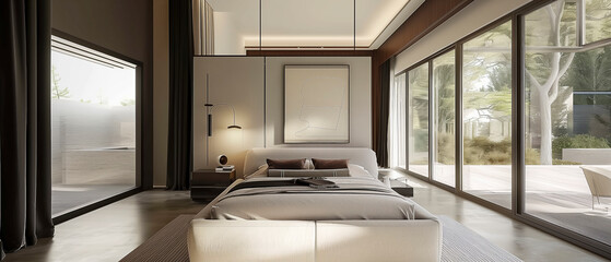 A large bedroom with a bed, a chair, and a nightstand. The room has a modern design and is filled with natural light