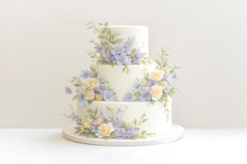 Three-tier wedding or birthday cake, decorated with flowers, plain delicate background.