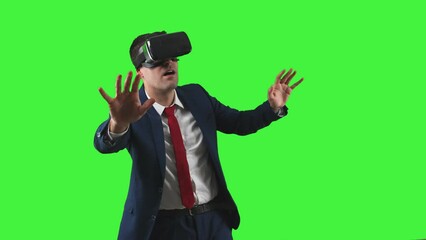 Surprised Businessman with Virtual Reality Glasses green screen chroma key - Powered by Adobe