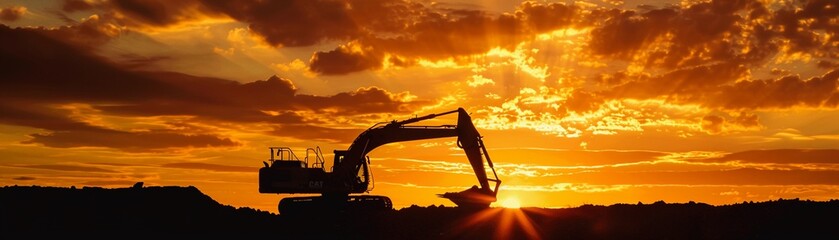 Excavator silhouette against setting sun dramatic clouds