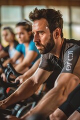 Focused cyclists in spin class row perspective