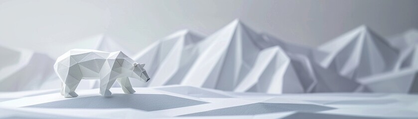 Geometric polar bear on icy landscape origami art