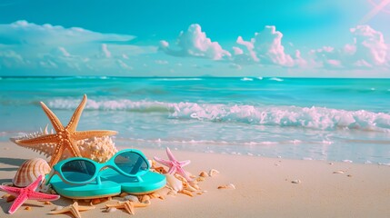 A vibrant and colorful background set for a summer beach holiday with sunglasses, starfish, and turquoise flip-flops against a sandy tropical beach and a blue sky on a bright sunny day  - obrazy, fototapety, plakaty