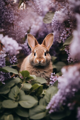 A little bunny surrounded by lilac flowers.