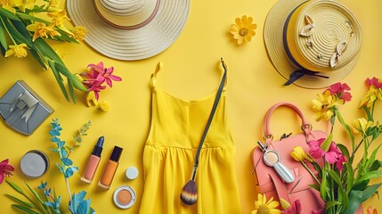 A vibrant display for International Women's Day featuring women's spring/summer fashion items including a yellow dress, straw hat, and shoulder bag along with cosmetics laid out flat 
