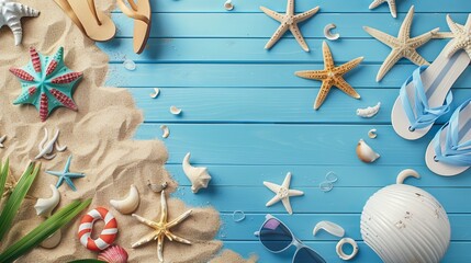 An arrangement of beach accessories on a blue plank with sand, depicting a summer holiday theme