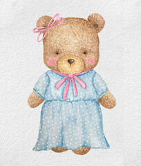 Watercolor vintage girl bear in dress  isolated on white background. Watercolor hand drawn illustration sketch