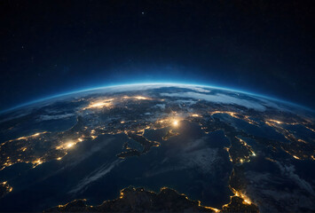 Fototapeta na wymiar Night of Planet Earth globe from space view with city light of each country on land and sunlight, Galaxy and space concept.