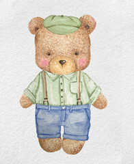 Watercolor vintage summer composition with bear in vintage clothes isolated on white background....