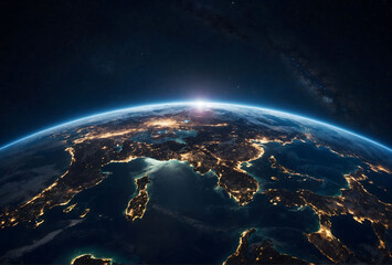 Night of Planet Earth globe from space view with city light of each country on land and sunlight, Galaxy and space concept.