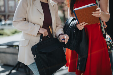 Two businesswomen in smart casual attire discussing work while holding notebooks and business bags outdoors.