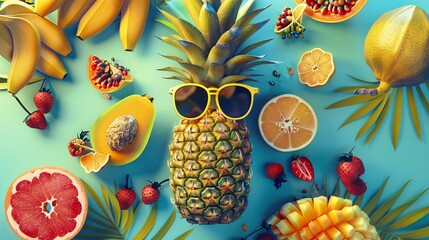 An artistic depiction of hipster pineapple fashion accessories surrounded by fruits, rendered in a vanilla style - obrazy, fototapety, plakaty