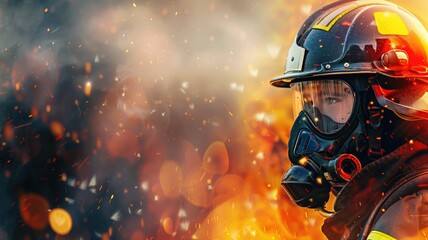 Firefighter in protective gear with blazing fire background - obrazy, fototapety, plakaty