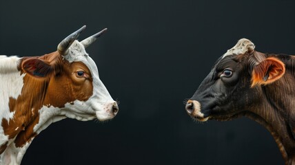 Two cows head-to-head against black background