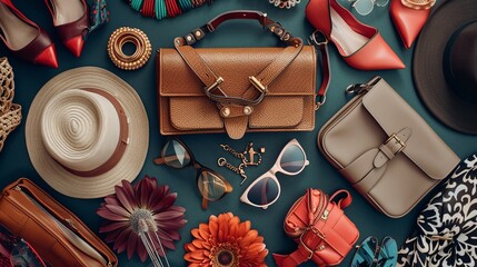An artistic flat lay incorporating women's fashion accessories, encapsulating concepts of fashion, trends, and shopping