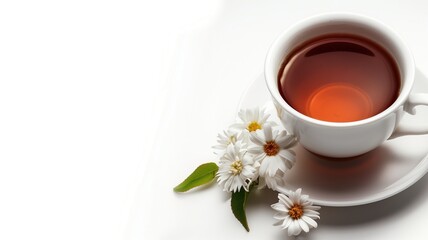 Obraz na płótnie Canvas Cup of tea with white flowers on surface