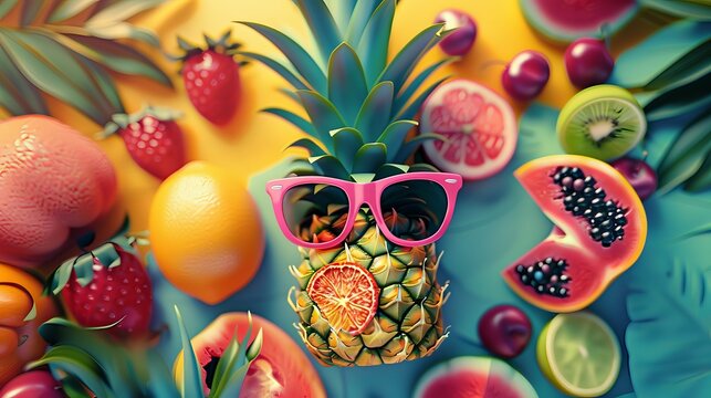 An artistic depiction of hipster pineapple fashion accessories surrounded by fruits, rendered in a vanilla style