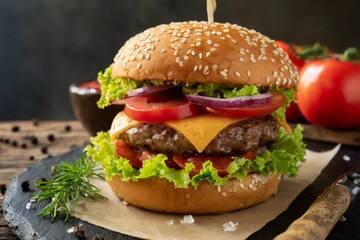 a hamburger sitting on a wooden table. The hamburger is on a sesame seed bun and has a beef patty,...