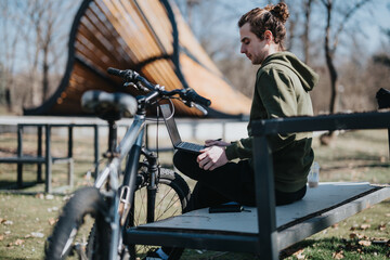 A handsome young man sits on a park bench, using his laptop beside his bicycle on a bright sunny day, encapsulating a moment of relaxation and enjoyment.
