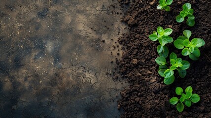 Green plants sprouting from dark fertile soil with cracked earth texture - obrazy, fototapety, plakaty