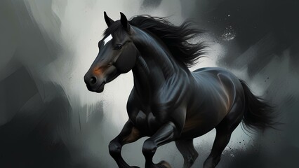 Dynamic Equine: Black Stallion in Motion - Abstract Digital Painting - obrazy, fototapety, plakaty