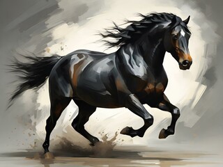 Dynamic Equine: Black Stallion in Motion - Abstract Digital Painting