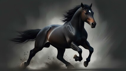 Dynamic Equine: Black Stallion in Motion - Abstract Digital Painting - obrazy, fototapety, plakaty