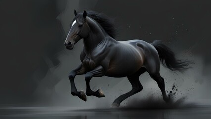Dynamic Equine: Black Stallion in Motion - Abstract Digital Painting