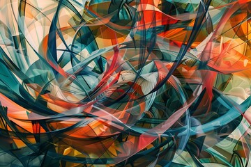 Colorful abstract images created with the concept of state of mind and state of chaotic mind. Use dynamic lines, fragmented shapes, distorted perspectives, and a vibrant color palette.