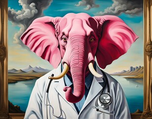 Pink Elephant With Stethoscope Painting. Generative AI