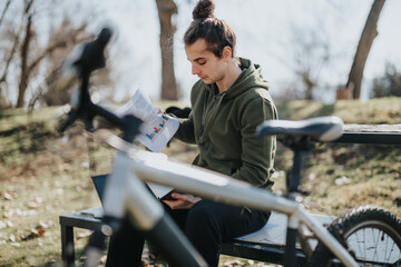 A young man enjoys a peaceful moment in the park, reviewing documents seated on a bench with his...