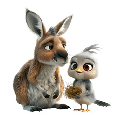 A 3D animated cartoon render of a kind kangaroo assisting a lost baby bird in locating its nest