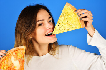 Pizza time. Smiling girl with two tasty slices of pizza. Fast food. Snack. Pizza delivery. Lunch or...