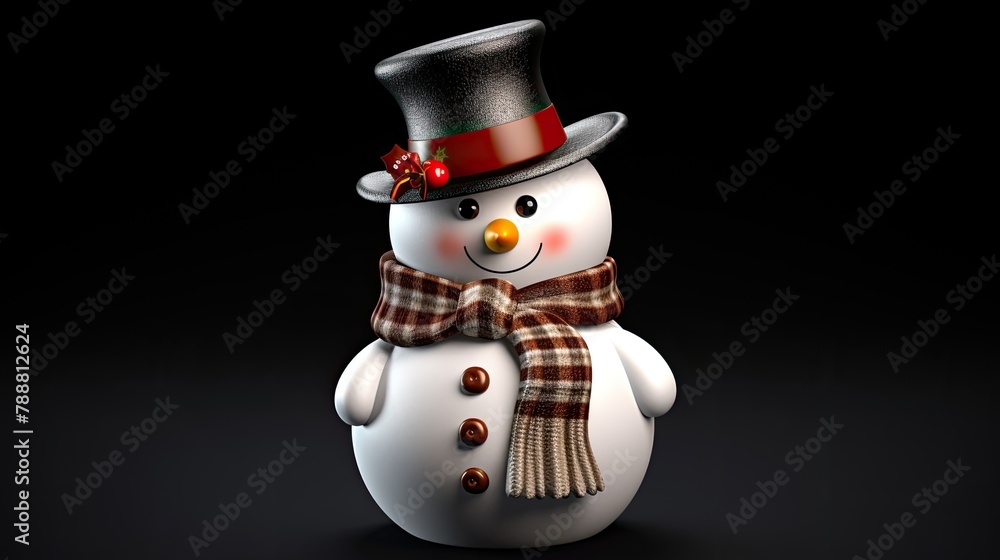 Poster this is a 3d rendering of a snowman. the snowman is wearing a black top hat with a red ribbon and a 