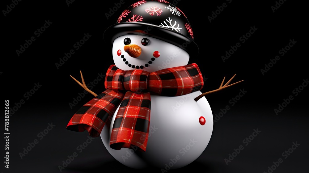 Poster 3d rendering of a cute snowman wearing a black helmet with red and white snowflake decals and a red 