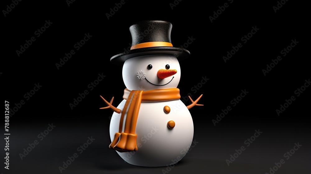 Poster this is a 3d rendering of a snowman. it has a black top hat and a carrot for a nose. it is wearing a