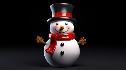 3D rendering of a snowman wearing a black top hat and a red scarf with white snowflakes. The snowman has a carrot for a nose and two black eyes.