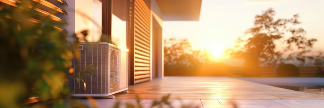 HVAC unit installed outside the house on wooden terrace at golden hour in summer air conditioning services copyspace background