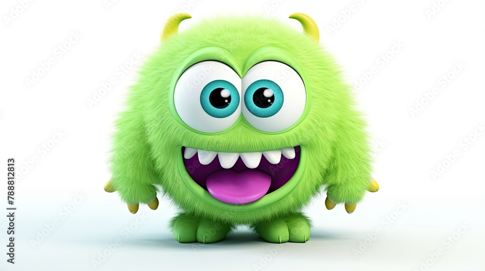 Aufkleber 3d rendering of a cute, furry green monster with big eyes and a happy expression on its face.