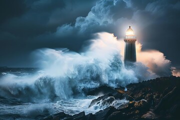 majestic lighthouse illuminated by stormy waves crashing against rocky coast dramatic seascape photo - obrazy, fototapety, plakaty