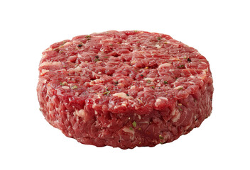 Raw hamburger patty isolated onisolated on a transparent or white background.